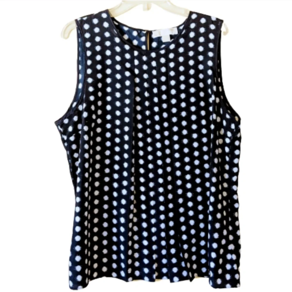 Michael Kors Blouse Shell Navy Blue White Polk-a-dot Tank Pleated Sleeve…